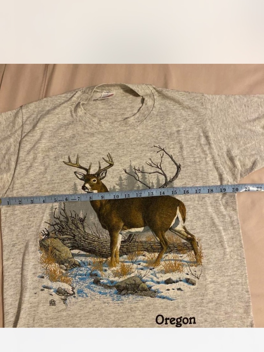 Jerzees Gray Graphic Tee with Brown Deer and Blue Stream Sz S